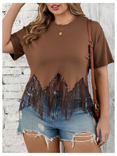 SHENHE Women's Plus Size Fringe Top Sequin Short Sleeve Western Rave Crop Tops Tshirt4