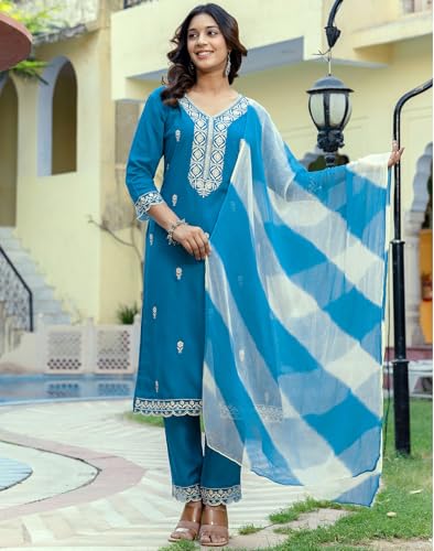 Image of SKYLEE Cotton Printed, Embroidery and Mirror Work A-Line Kurta Set with Dupatta