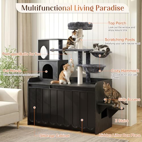 Árbol para gatos moderno con caja de arena oculta y almacenamiento lateral miniatura 3