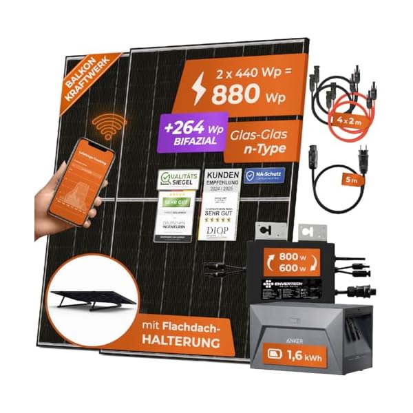 Solarway® 880W Balkonkraftwerk mit Speicher 800W komplett Steckdose - neuester 800 Watt Wechselrichter - 1,6 kWh Anker Solix 1-440W bifaziale Solarmodule & Envertech & Anker