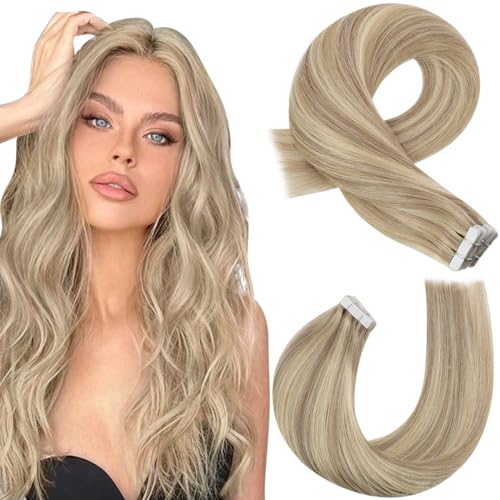 Moresoo Tape in Hair Extensions Human Hair Dark Honey Blonde with Medium Blonde Highlight Tape in Hair Extensions Real Remy 12 Inch 20 Pieces/30g #16/22