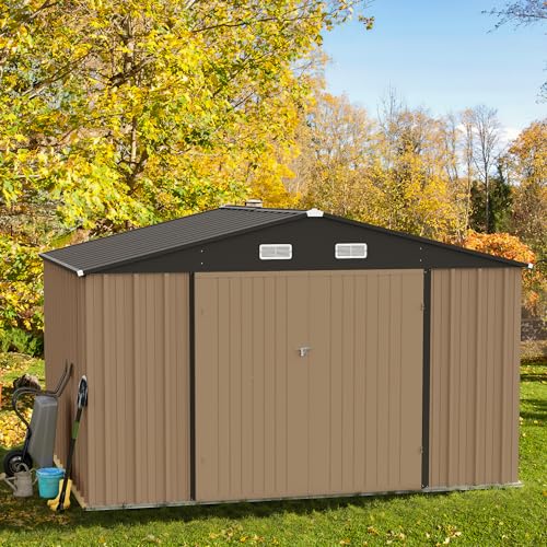 Image of GUNJI 10 x 8 FT Shed Outdoor Storage Shed Metal Garden Shed with Lockable Door Outside Waterproof Tool Shed for Backyard, Patio, Lawn (Brown)