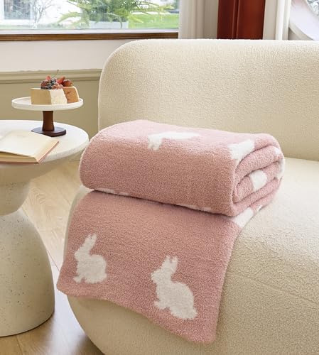 Image of Ultra Soft Cozy Happy Easter Rabbits Knitted Throw Blanket Fluffy Microfiber Checkerboard Bed Blanket Lightweight Both Sides Blanket for Couch Sofa Bed (Rabbit Pink, Throw 50 inchx60 inch)