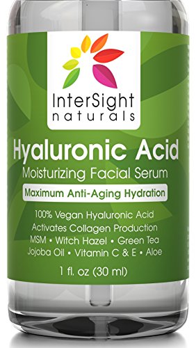 Hyaluronic Acid Serum for Face by InterSight - with Vitamin C & E, MSM, Green Tea, Jojoba Oil, Aloe - 100% Pure - Best Organic & Vegan Anti Aging Moisturizer Liquid - 1000x Hydration - 1 oz.