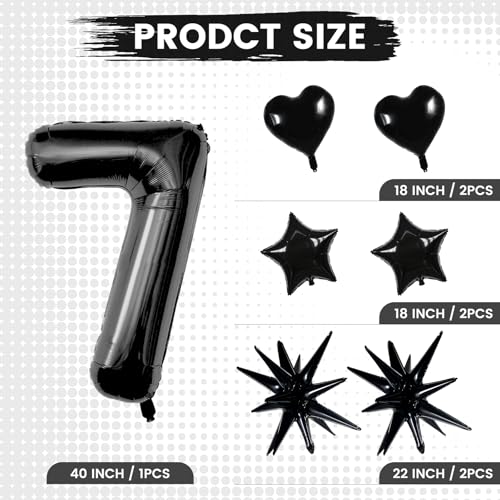 Image of TONIFUL 7th Birthday Balloons Kit 40 Inch Black Large Number 7 Foil Balloon | with 18Inch Helium Mylar Heart Star Balloons for Kids Women Men Birthday Anniversary Graduation New Year Eve Party Decoration