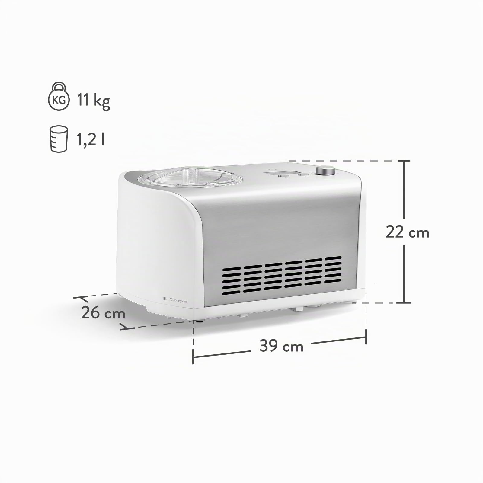 SPRINGLANE Gelatiera Elli con compressore autoraffreddante, gelatiera in acciaio inossidabile con contenitore per gelato rimovibile (Argento, 1,2 L)