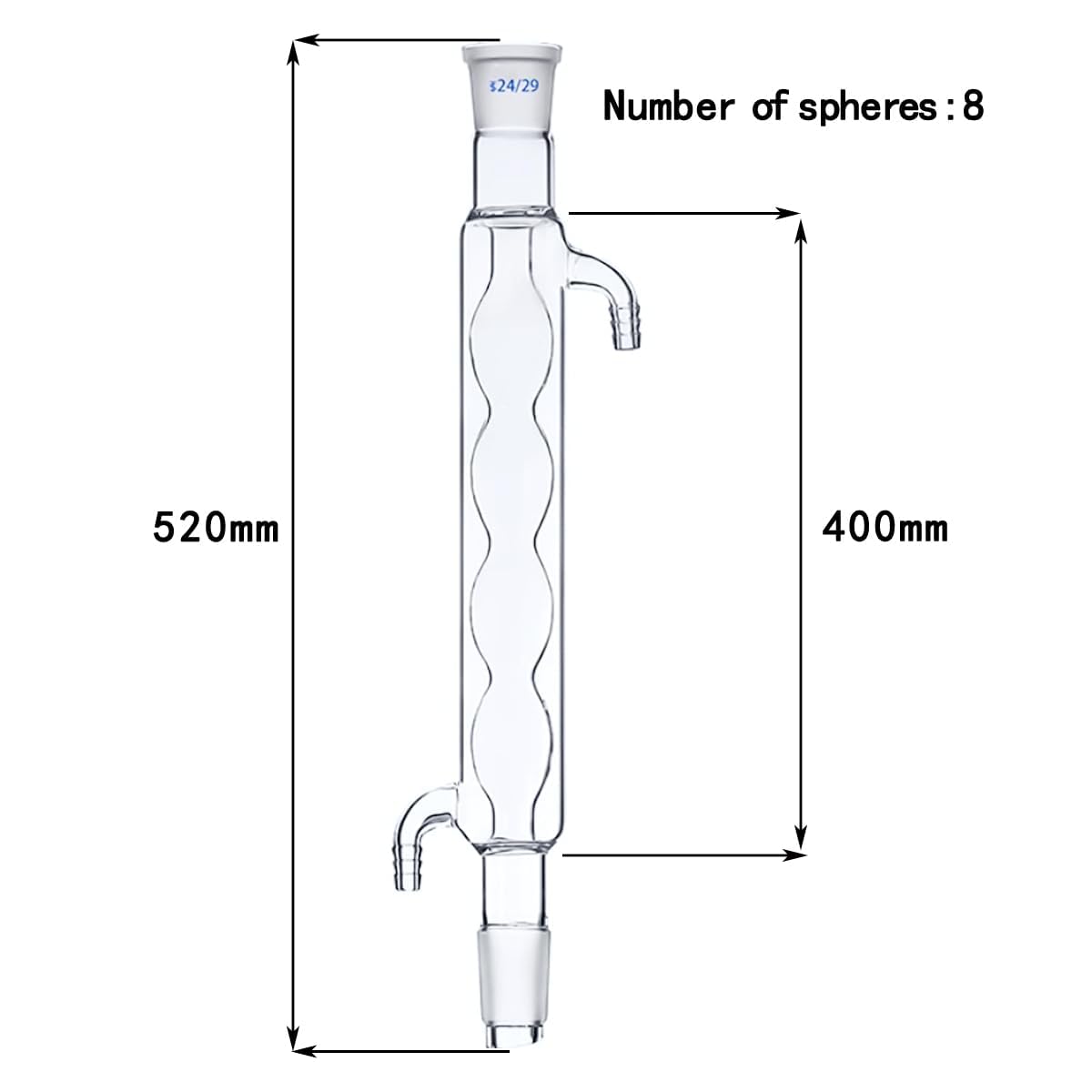 Condensador de vidrio de borosilicato con junta 24/29, aparato de destilación y reflujo de laboratorio de química con conexiones de manguera de vidrio, diseño esférico, 400 mm
