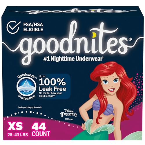 Goodnites Girls' Nighttime Bedwetting Underwear, Size Extra Small (28-43 lbs), 44 Ct (2 Packs of 22), Packaging May Vary