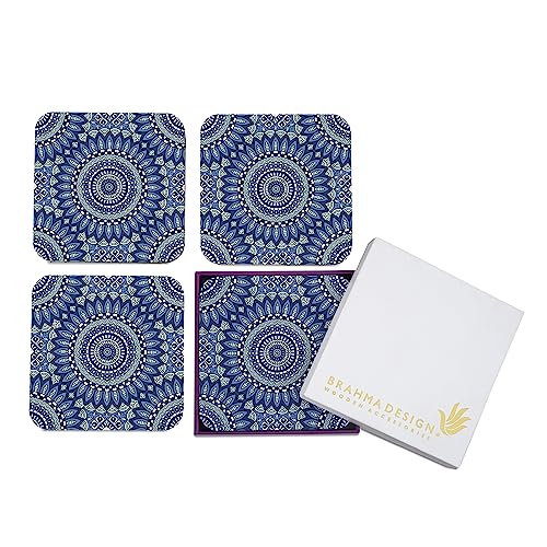 Image of Wooden Coaster Set with Gift Box | Blue Mandala 2 Design | Set of 4 Tabletop Square Coasters 3.75 inch x 3.75 inch | Kitchen Table Wooden Decorative Items | for Cups, Mugs, Cans, Glasses