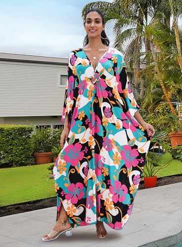 Image of Yanziliu Kaftan Dress for Women,Plus Size Hawaiian Batwing Sleeve Beach Cover Up Summer Swimsuit Dresses