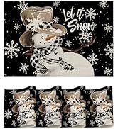 Artoid Mode Black Snowman Snowflakes Winter Vinyl Placemats Set of 4, Let it Snow Wipeable PVC Wo...