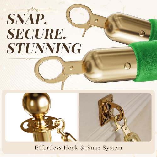 Image of 4PCS Green Velvet Stanchion Ropes 5 Ft Crowd Control Ropes Barrier with Gold Hooks for Party Supplies,Photobooth Accessories, Prom,Birthday,Business,Wedding, Museums