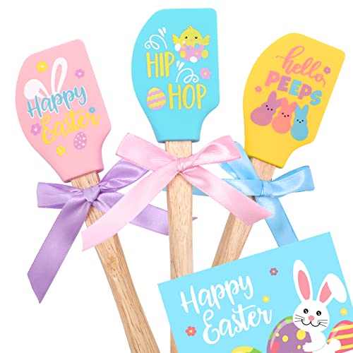 Tuitessine Set of 4 Easter Silicone Spatula w/Happy Easter Greeting Card, Ergonomic Wood Handle Cute Bunny Chick Pattern, Easter Baking Cooking Gift Food Grade Heat Resistant Scraper for Mom,Grandma