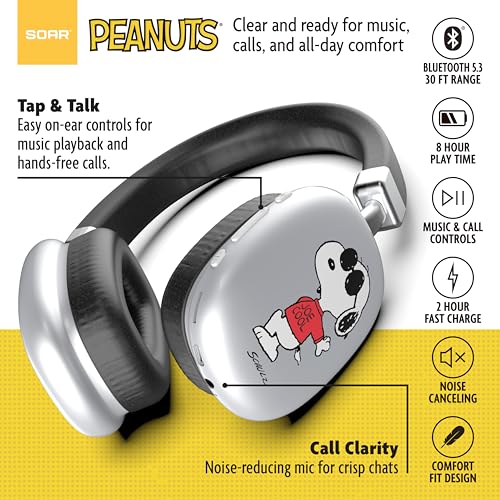 Image of SOAR Peanuts Active Noise Cancelling Wireless Headphones Silver- Snoopy