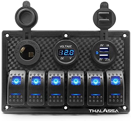 THALASSA 6 Gang Waterproof Marine Boat Rocker Switch Panel with Blue Digital Voltage Display, 3.1A Dual USB Outlet, Cigarette Lighter Port with 15A Fuse for RV Car Truck Rv Vehicles Yacht