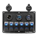 THALASSA 6 Gang Waterproof Marine Boat Rocker Switch Panel with Blue Digital Voltage Display, 3.1A D