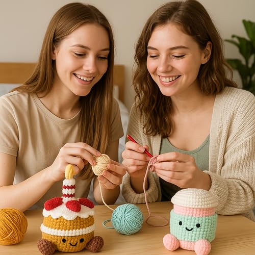Image of HOUSE CREATIVITY Crochet Kit for Beginners - Create a Cute Cake & Coffee Scene, Amigurumi Crochet Starter Kit with Video Tutorial, Yarn & Hook, DIY Dessert Desk Decor for Coffee Lovers