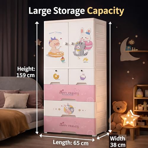 Image of AYSIS Kids Plastic Collapsible Wardrobe Organizer for Storage with Drawers | Cute Cartoon Design | Heavy Duty Cloth Organizer for Storage | Easy to Assemble | Perfect for Kids Room & Home | Sweet