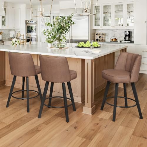 Image of LUE BONA 360-degree Swivel Bar Stools Set of 3, 26 inch Counter Height Bar Stools with High Back and Wood Legs, Morden Faux Leather Upholstered Barstools for Kitchen Counter, Saddle Brown