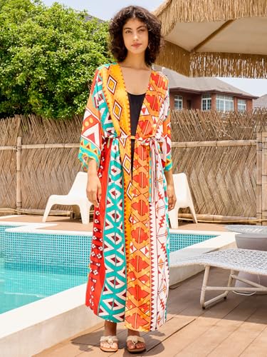 Image of Women's Kimono Cover Up Long Beach Dress Swimsuit Cover Ups Colorful Cardigan Lightweight Robe for Swimwear