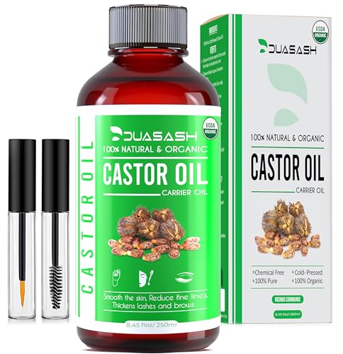 Duasash Aceite de Ricino para Pestañas y Cejas 250ml Aceite de Ricino Bio para Cabello, Barba, Uñas, Cuerpo y el Rostro Prensado en Frío, Ideal Aceite Pelo Crecimiento Cabello Castor Oil con Cepillos