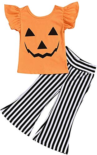 Toddler Kids Baby Girls Halloween Outfits Flutter Sleeve Tops Tshirt & Striped Bell-Bottom Pants Fall Clothes Set (Yellow Striped, 1-2 T)