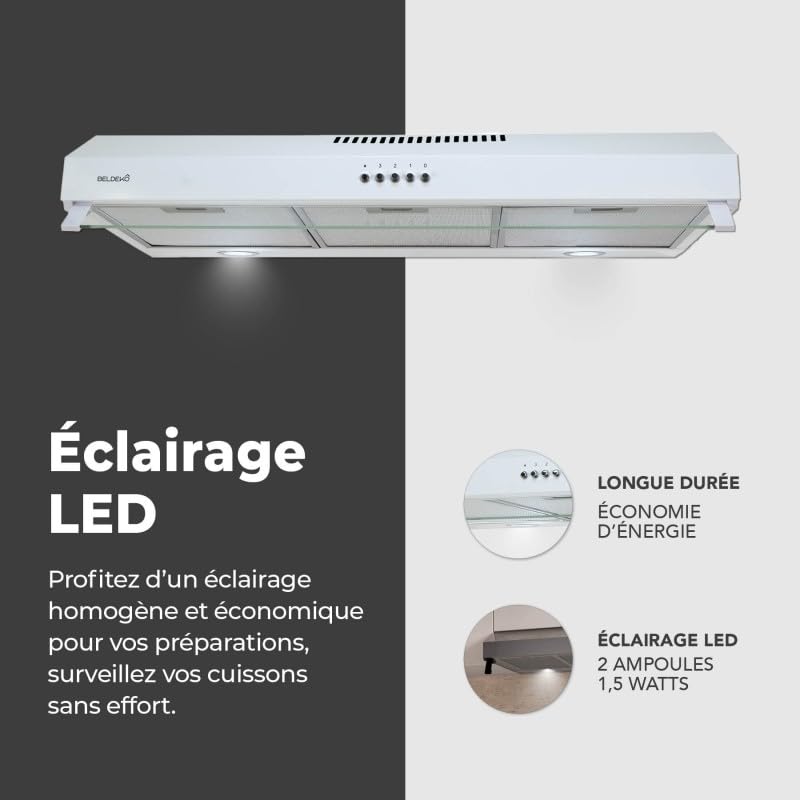 BELDEKO Hotte Casquette 90 cm Blanc 438 m3/h 200W - Marque Française