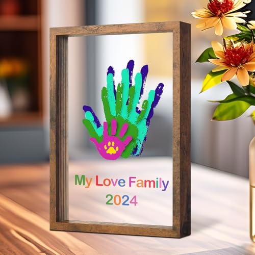 Image of Family Handprint Kit DIY Craft Keepsake Wooden Frame Non Toxic Paints Transparent Sheets Perfect for Handprints Prints and Footprints Endless Present Set for New Parents and Family Memories (Brown)