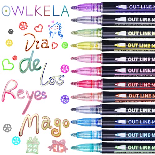 OWLKELA 12pcs Bolígrafos de Contorno -Bolígrafos de Contorno de Doble Línea, Bolígrafo Mágico Resistente al Agua, Diario, Atlas DIY, Tarjetas de Regalo de Felicitación/Dibujo