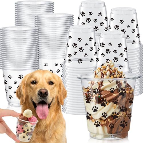 Widecook 100 Pcs 3 oz Pup Cups Bulk Dog Paw Print Shot Glasses Clear Plastic Disposable Puppy Cup for Whip Cream Tasting Drinking Food Feeding Holiday Travel Pet Birthday Party Supplies
