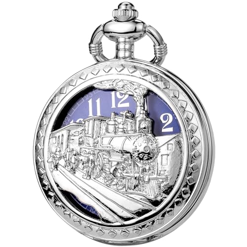 Image of SIBOSUN Antique Men Pocket Watch with Chain Oversized 50MM 1.96 Inch 3D Locomotive Steam Train Railroad Hollow + Box
