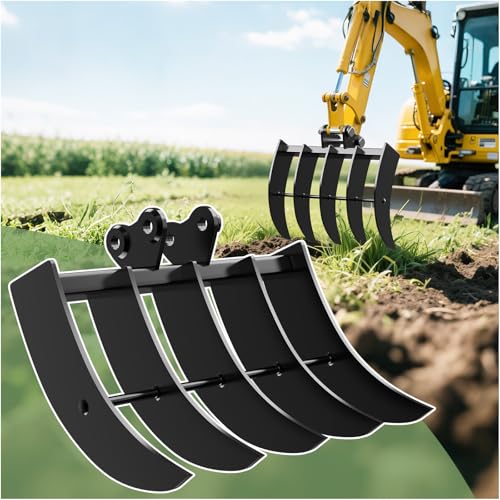 Mini Excavator Rake Attachment 5-Tooth Wide Backhoe Rake for 0.81.5T Excavators 0.98in Pins 3.54in Span Heavy-Duty Land Clearing Tool