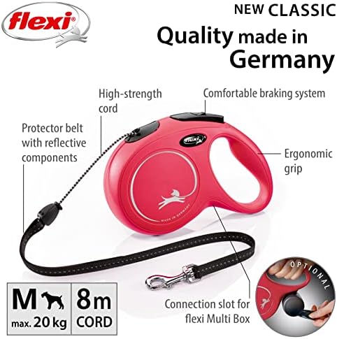 Flexi New Classic Cord Red Medium 8m Retractable Dog Leash/Lead for dogs up to 20kgs/44lbs