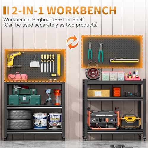 48" H Metal Garage Workbench with Pegboard,3-Tier Roling Tool Work Bench,Adjustable Heavy Duty Work Table on Wheels,Black Mobile Workstation for Garage Warehouse Workshop,Screwless Design - Image 4