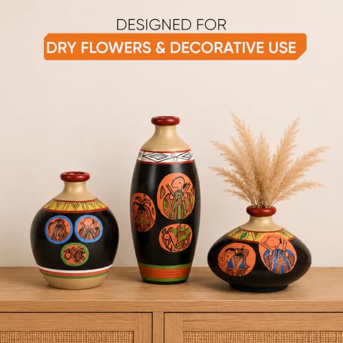 Image of Aakriti Art Creations Vase Earthen Black Madhubani Set of 3 | Hand-Painted Terracotta Flower Vases | Matte Finish Decorative Vases for Living Room, Table Decor & Gifting