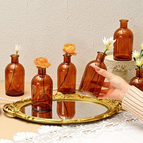 20 Pack Amber Glass Bud Vases for Centerpieces – Small Mini Flower Vases in Bulk, Vintage Decorative Bottle Vases for Table Decor, Home Accents, Wedding Reception, Party & Office Arrangements