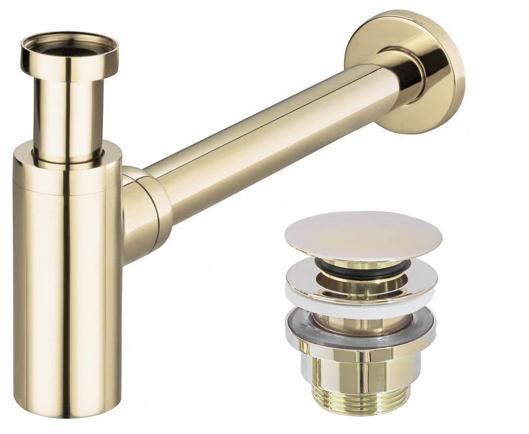 VBChome Sifón de lavabo + Click Clack Gold universal para un lavabo con rebosadero sin rebosadero, diseño elegante, sifón de botella de alta calidad, montaje fácil y rápido