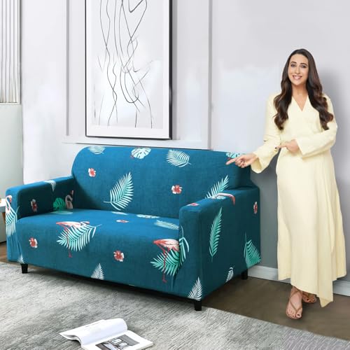 Image of HOKIPO 95% Polyester, 5% Spandex Stretchable Elastic Cover for Sofa 2 Seater, Teal Feather (AR-4094-D5)