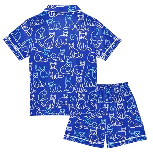 Navy Cartoon Cats Summer Satin Pajama Set, Cute Button-Down Sleepwear Pj Set for Sleep Wears2