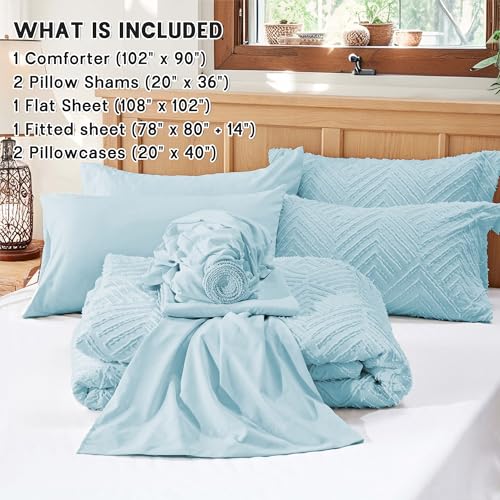 Image of Zzlpp King Comforter Set 7 Pieces, Light Blue Tufted Bed in a Bag with Comforter and Sheets, All Season Boho Bedding Sets with Comforter, 2 Pillow Shams, 2 Pillowcases, 1 Flat Sheet, 1 Fitted Sheet