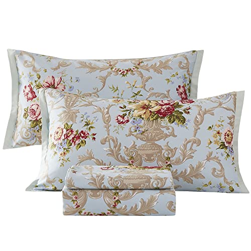 Abreeze Egyptian Queen Size Cotton Bed Sheets Set (1000 Thread Count) Floral Bedding And Pillow Cases (4 Pc)–Egyptian Cotton Sheets Queen Size Bed- Blue Sheets - 17.7” Queen Deep Pocket Sheets #TOP12