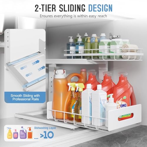 Image of Under Sink Organizer Upgrade To Professional Rails,2-Tier Dual Pull Out Cabinet Storage,Height Adjustable Slide Out Drawers For Bathroom Kitchen,2 Pack-16.7 inchDx12.8 inch-16.9 inchH,White