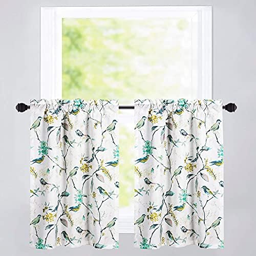 VOGOL Small Window Valances Curtains 30 x 36, Birds Printed Tier Curtain 36 Inch Long Rod Pocket Window Treatments for Kitchen Café Window, 2 Panels