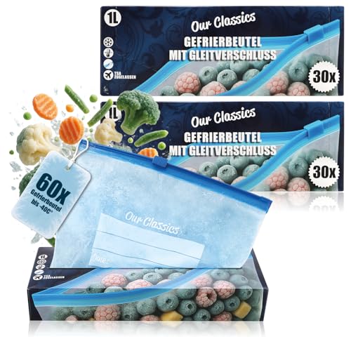 com-four® 60x Gefrierbeutel 1 Liter zum Verschließen, wiederverschließbare Frischhaltebeutel zur Lebensmittelaufbewahrung - Allzweckbeutel für Aromaschutz und Vitaminfrische bis -40°C (1 L - 60 Stück)