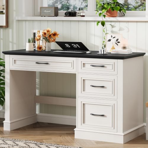 Image of Farmhouse 47 inch Executive Desk with File Drawer, Computer Desk with 4 Drawers, Workstation for Writing, Study, Home Office, Black.