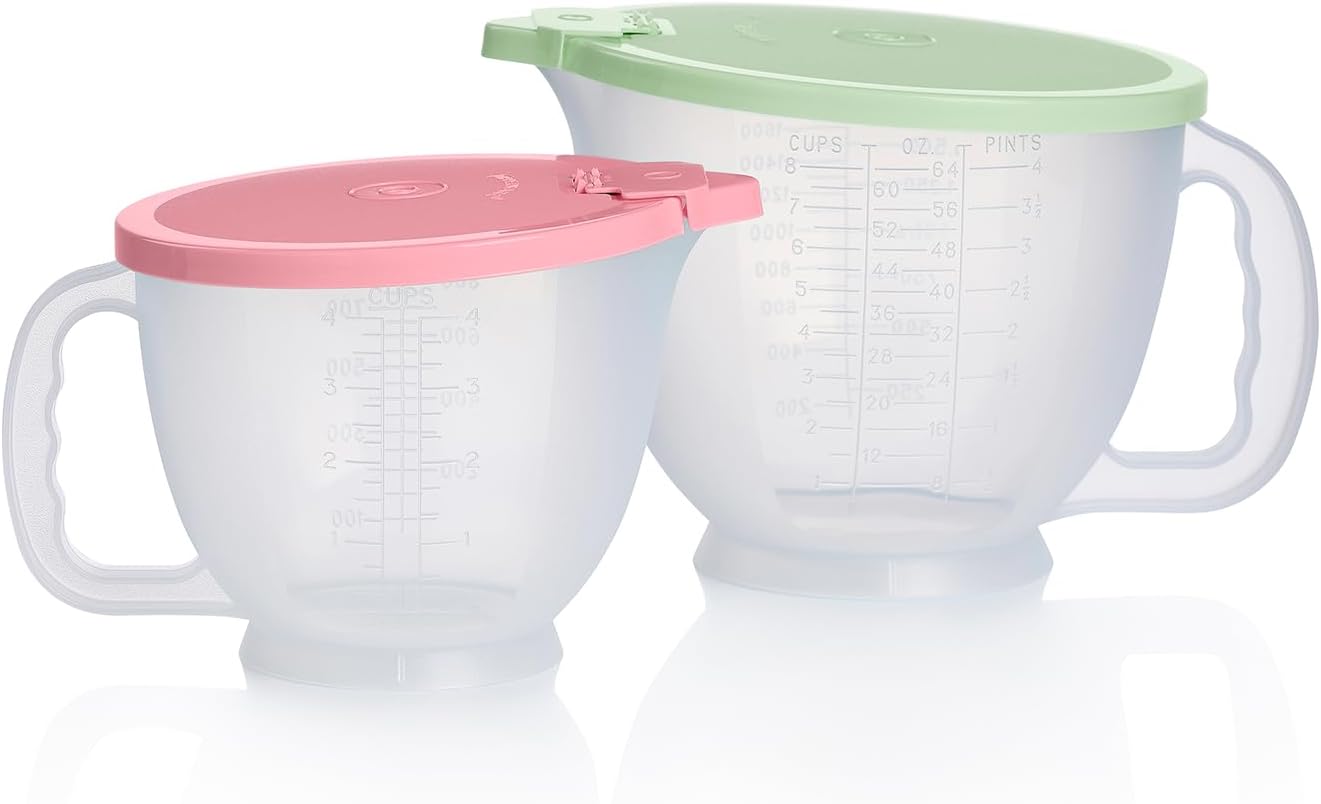 Tupperware Classic Mix-N-Store Pitcher Set in Mint Green & Candy Pink - Dishwasher Safe & BPA Free - (2 Bowls + 2 Lids), 173871