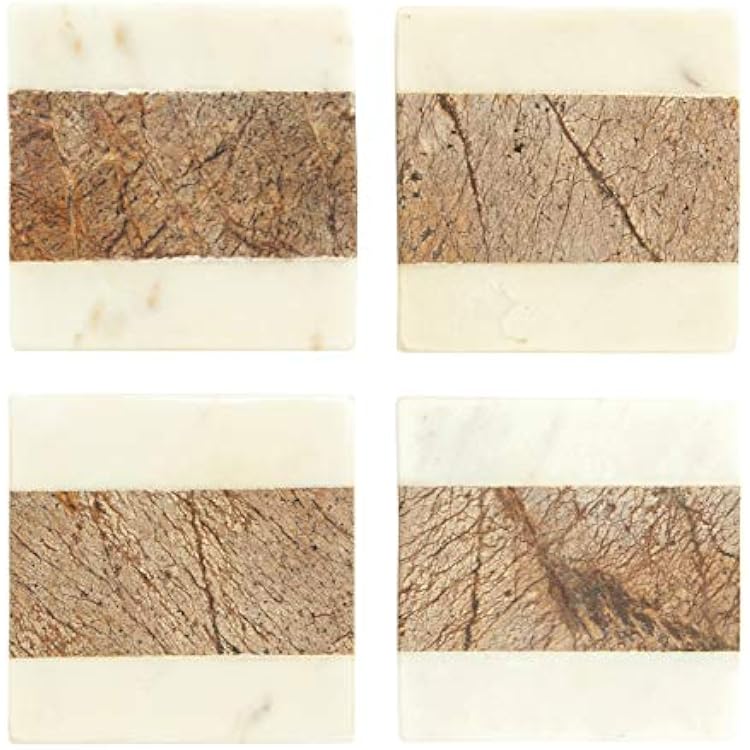 Creative Co-Op Square Marble Coasters with Jute String, Brown (Set of 4 Pieces)