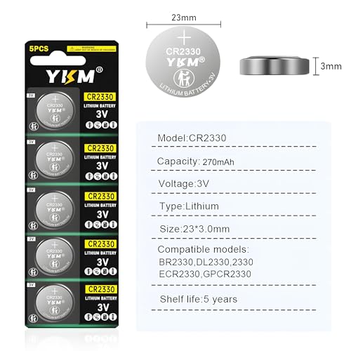 YKM 5 Pack CR2330 Battery ECR2330 BR2330 CR 2330 Lithium 3V Battery for Car Remote Coin Cell Batteries