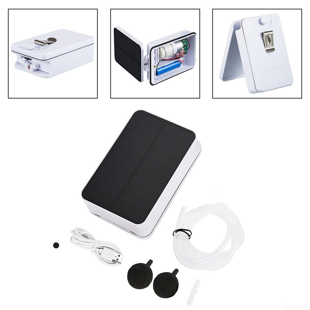 Aireador solar para estanque con batería de 2200 mAh – Bomba de oxígeno silenciosa para estanque de peces y acuario, recargable por USB, 20 h de autonomía, incluye piedra de aire