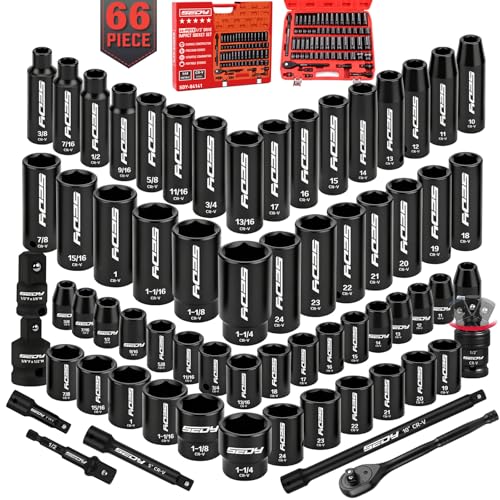 Image of 66-Piece 1 /2 inch Drive Impact Socket Set, SAE 3 /8 inch to 1-1 /4 inch and Metric 10-24mm, Deep & Standard 6-Point Cr-V Sockets with Ratchet, Extension Bars, Adapters, Universal Joint, Drill Adapter, Storage Case